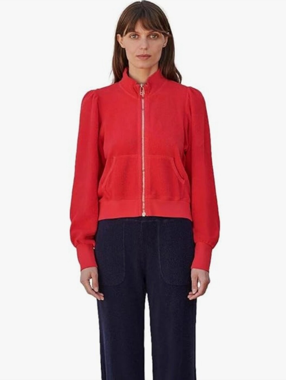SUNDRY Cherry Red Puff Sleeve Zip Front Sherpa Micro Fleece Sweatshirt Small